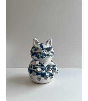 Lampion kotek "Biały z niebieskim". Ręcznie robiona ceramika z Krety, 1083