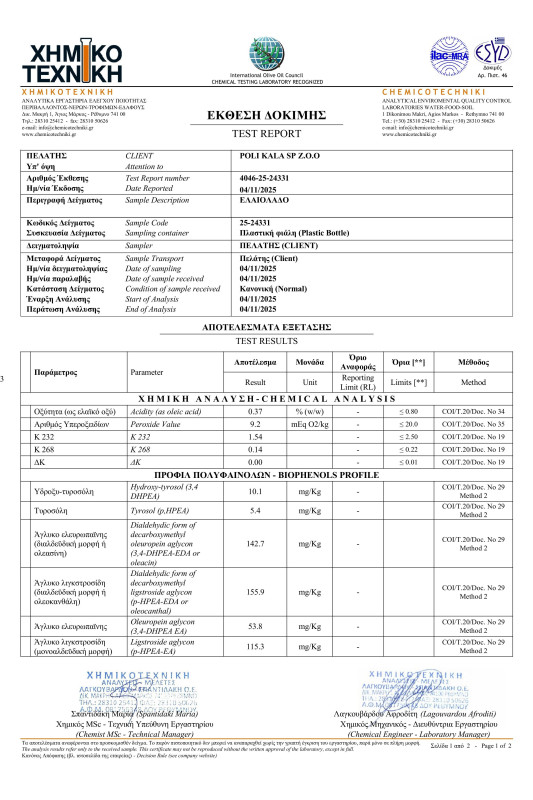 niefiltrowana oliwa extra virgin poli kala