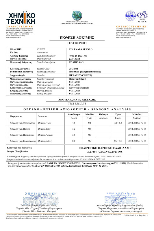 niefiltrowana oliwa extra virgin poli kala