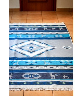 Ręcznie tkany bawełniany dywan - Meander niebieski, 140 cm x 210 cm. Tradycyjny grecki dywan