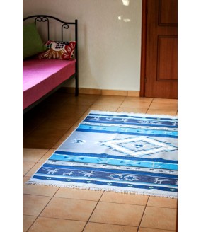 Ręcznie tkany bawełniany dywan - Meander niebieski, 140 cm x 210 cm. Tradycyjny grecki dywan