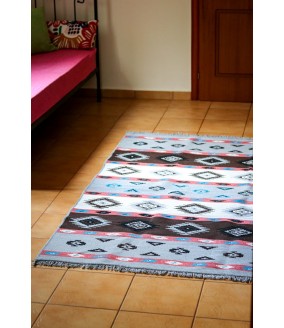 Ręcznie tkany bawełniany dywan - Paski różowo-szare, 140 cm x 210 cm. Tradycyjny grecki dywan